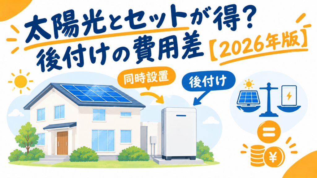 戸建て住宅の太陽光パネルと蓄電池のイラストと「太陽光とセットが得？後付けの費用差【2026年版】」の見出し