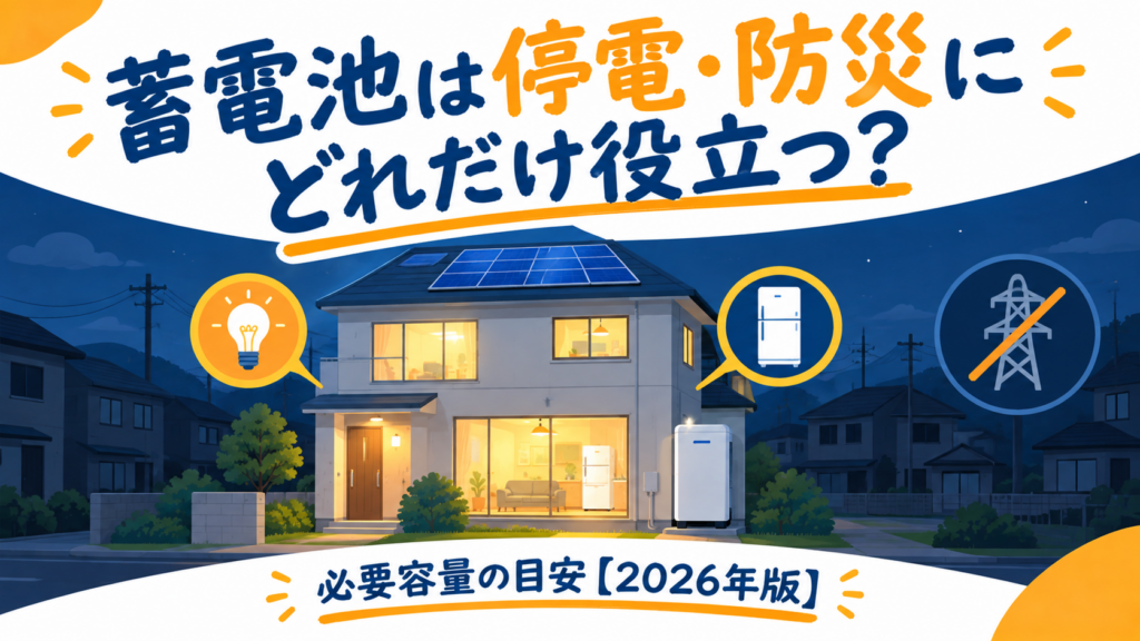 停電した夜の住宅で蓄電池と太陽光パネルにより一部の部屋の照明・冷蔵庫が灯っている様子を描いたイラスト
