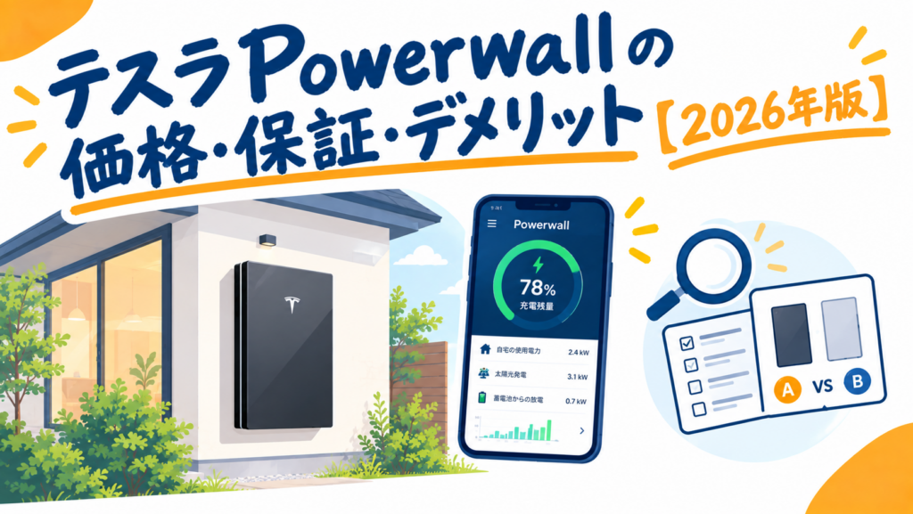 壁に設置されたテスラPowerwall本体と「テスラPowerwallの価格・保証・デメリット【2026年版】」の見出しイラスト